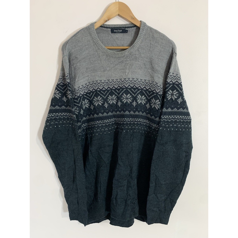 James Pringle Vintage Men's Winter Sweater Large Blue White Retro Fair Isle Y2K